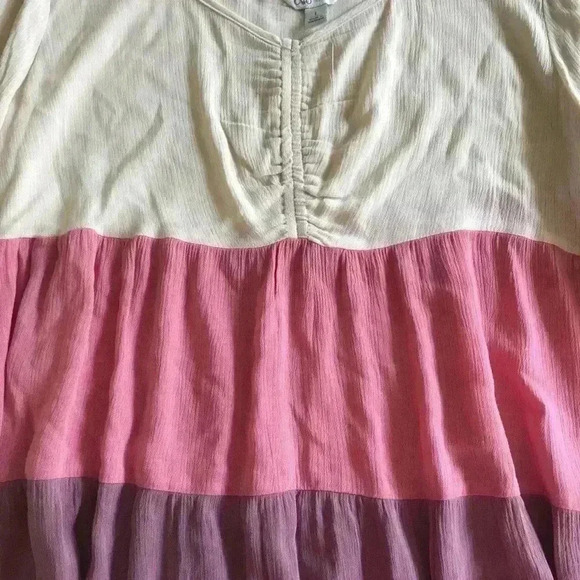 NEW!QUEEN Anna Neckline-Cream-Pink-Purple-Textured Baby doll Blouse-WM SZ Large - Picture 4 of 5